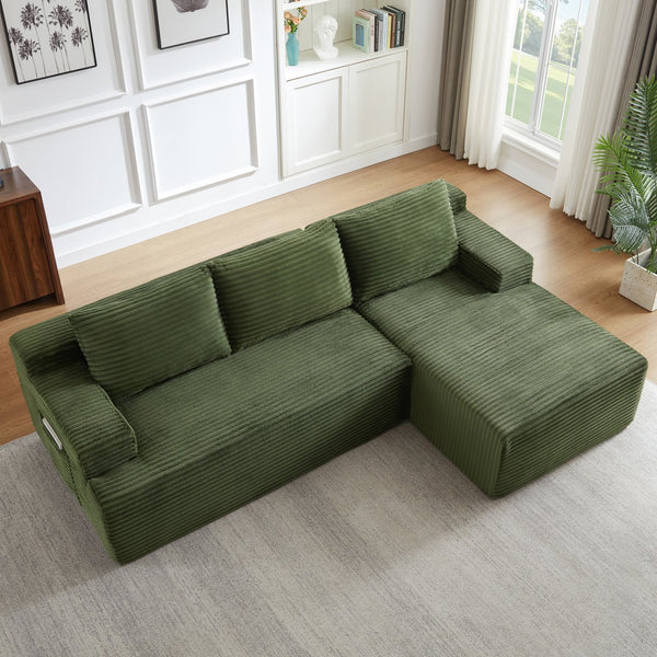 English Elm L-Shaped Cloud Sectional Sofa - Cozy Modular Sleeper, No Assembly, Durable Green Corduroy Design W2339P409432