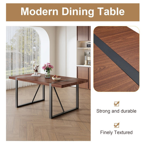 English Elm Table With 6 Industrial Style Brown Techno-Fabric Chairs - Walnut Rectangular Dining Set, 71"X39.3" W1151S02439-GIGA