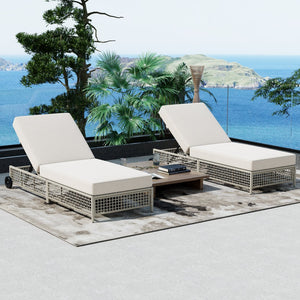English Elm Trexm Outdoor Pe Rattan Chaise Lounge Iron Frame Poolside Chair with Adjustable Backrest Beige,Creamy White TM000016AAK