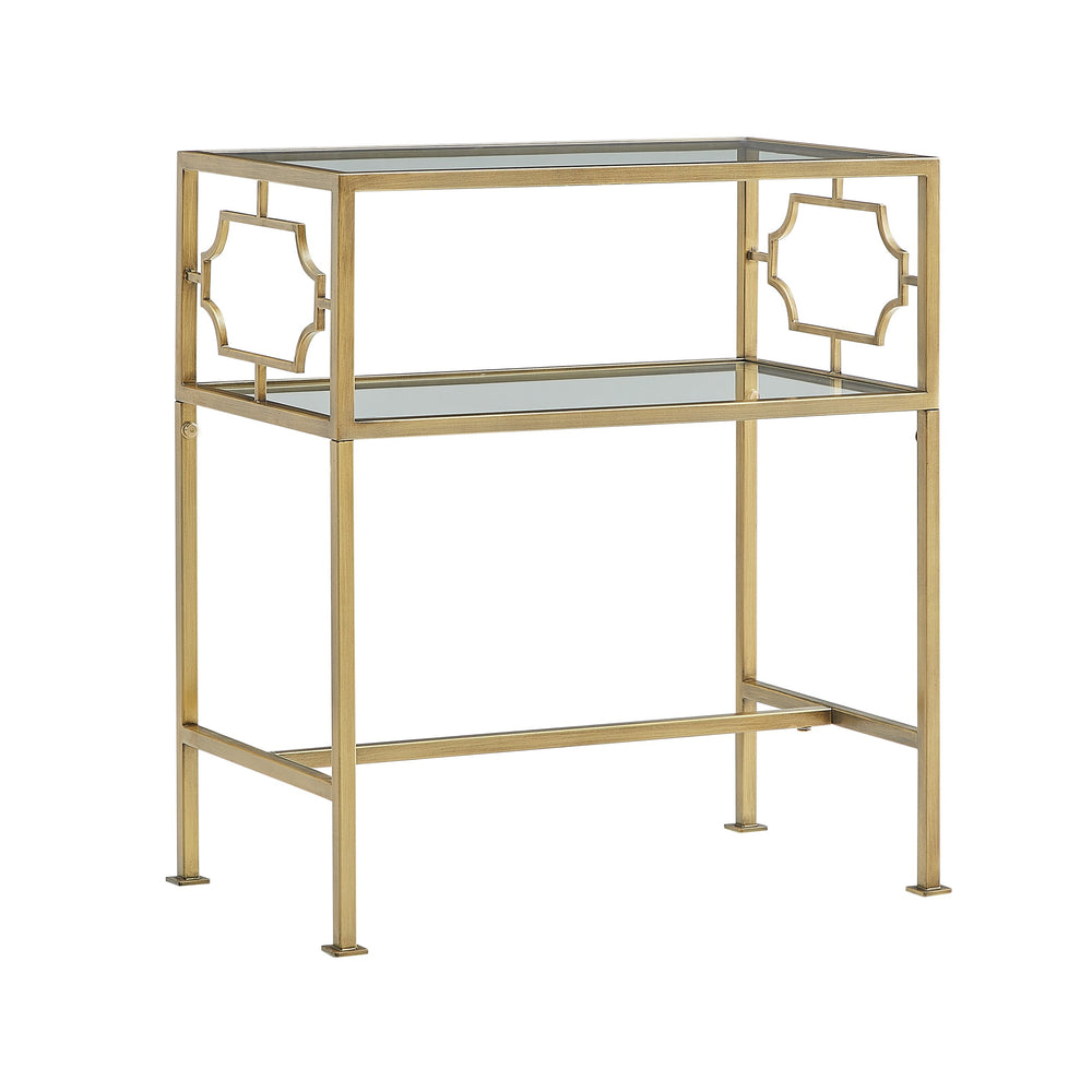 English Elm Grifton Two-Tier Rectangular Accent Table in Antique Gold Metal with Tempered Glass Shelves, 26.5" L B050P364437