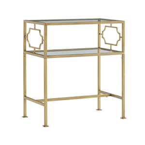 English Elm Grifton Two-Tier Rectangular Accent Table in Antique Gold Metal with Tempered Glass Shelves, 26.5" L B050P364437