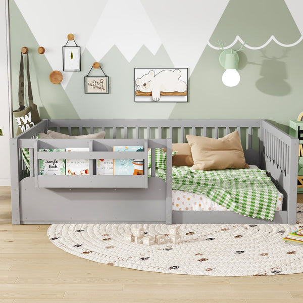 English Elm Twin Low Profile Kids Floor Bed Pine Wood Frame with Safety Rail and Built in Bookshelf Gray W1580P373140