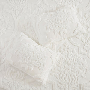 English Elm 3 Viola Tufted Cotton Chenille Damask Comforter Set King/Cal King Off-White - Oeko-Tex, Cottage Chic B03597088