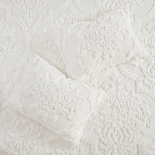 English Elm 3 Viola Tufted Cotton Chenille Damask Comforter Set King/Cal King Off-White - Oeko-Tex, Cottage Chic B03597088