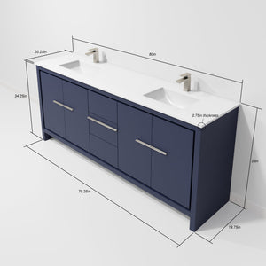 English Elm Navy Double Bath Vanity 80" W With White Quartz Top, Gun Metal Faucet & Large 70" Mirror Included B2731S01763