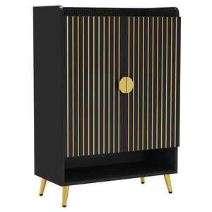 English Elm Storage Cabinet Seven Tier Shoe Organizer with Swing Doors and Gold Metal Accents T3971P463306