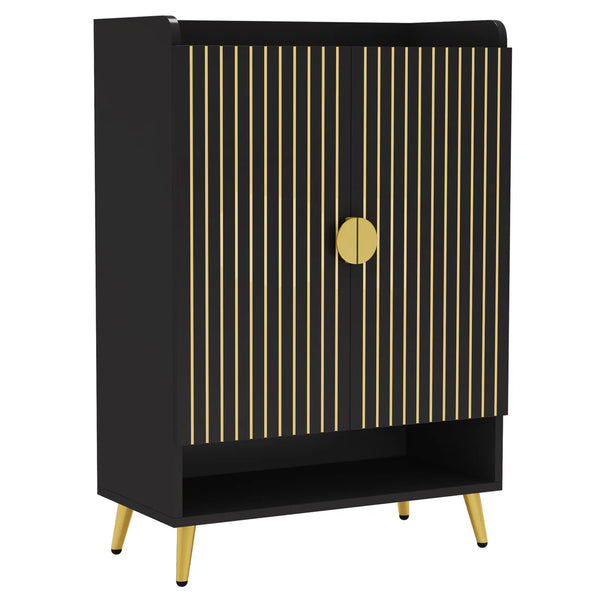 English Elm Storage Cabinet Seven Tier Shoe Organizer with Swing Doors and Gold Metal Accents T3971P463306
