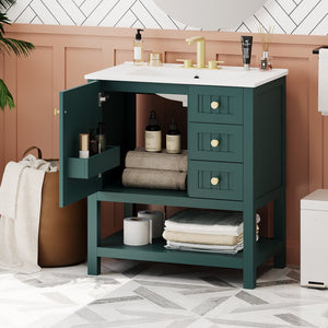 English Elm 30inch Transitional Bathroom Vanity Cabinet Combo with Ceramic Sink, Green Solid Wood MDF, 30"W x18"D, 3pc Storage WF320826AAF