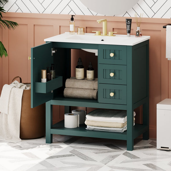 English Elm 30inch Transitional Bathroom Vanity Cabinet Combo with Ceramic Sink, Green Solid Wood MDF, 30"W x18"D, 3pc Storage WF320826AAF