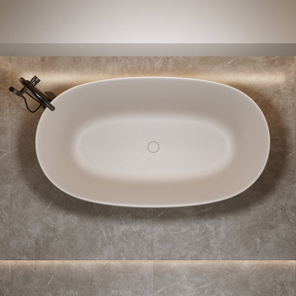 English Elm 51'' Freestanding Solid Resin Stone Soaking Tub Spa Ergonomic Matte White Bath Beige W2753P340379