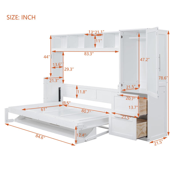 English Elm Queen Murphy Wall Bed with Integrated Wardrobe and Drawers for Studio or Guest Room White LP000793AAK-3
