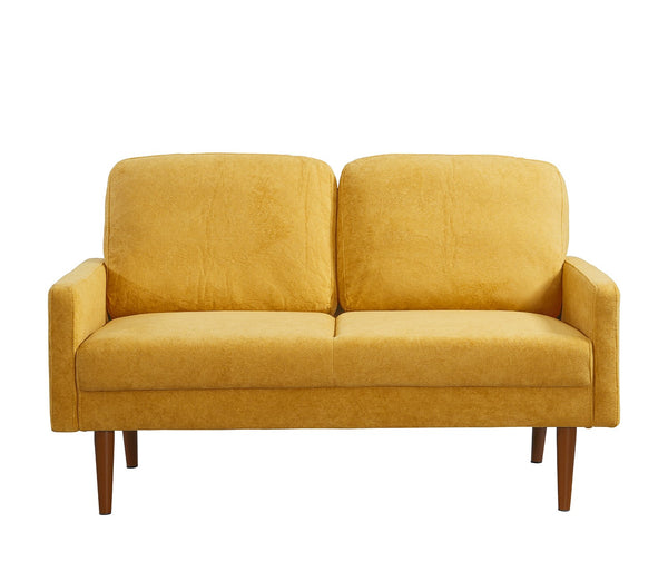 English Elm Velvet Upholstered Two Seat Loveseat with Tapered Wood Legs Mid Century European Style Mustard Yellow B2735P291962