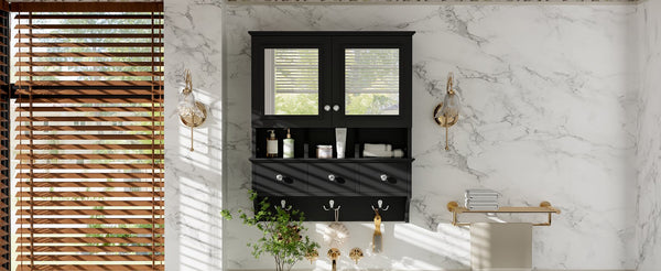 English Elm 4-in-1 Wall Mounted Bathroom Cabinet with Mirror Drawers and Towel Hooks Vanity Black N710P405416B