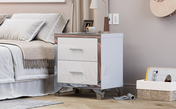 English Elm High Gloss Mirrored 2 Drawer Nightstand Slim Metal Legs Modern Bedroom Side Table White W5271P416521