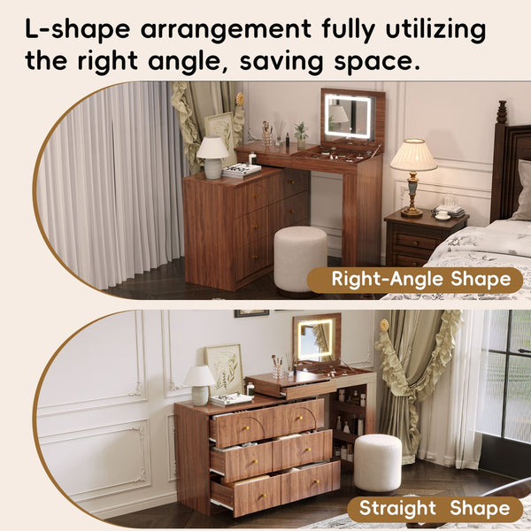 English Elm Vanity LED Mirror Desk with Flip-Top Dual Function, 7 Drawers & Multiple Shelves for Organized Glam Walnut 47.24 L x 19.69 W x 6.5 H N733S363650H