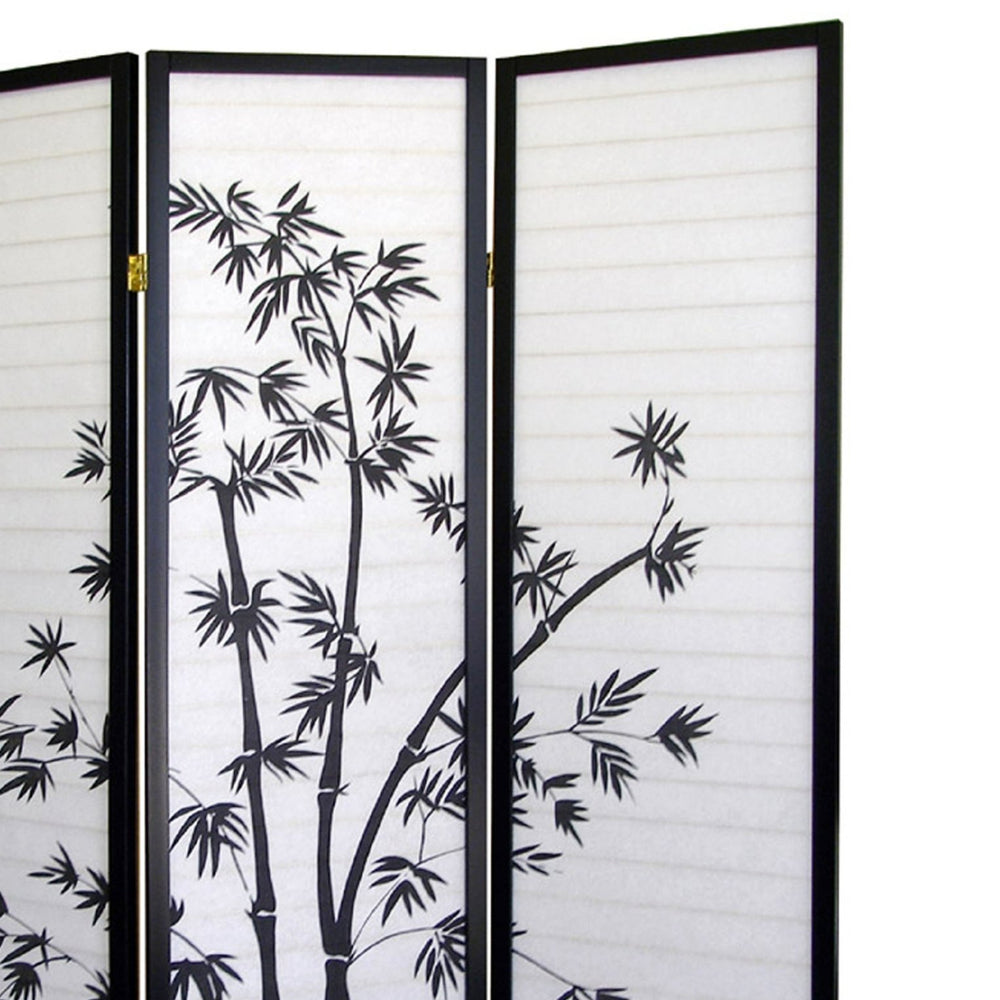 English Elm 70" Elegant Three-Panel Folding Screen With Bamboo Design, Black Finish - Perfect For Privacy & Style B072115974