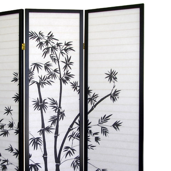 English Elm 70" Elegant Three-Panel Folding Screen With Bamboo Design, Black Finish - Perfect For Privacy & Style B072115974