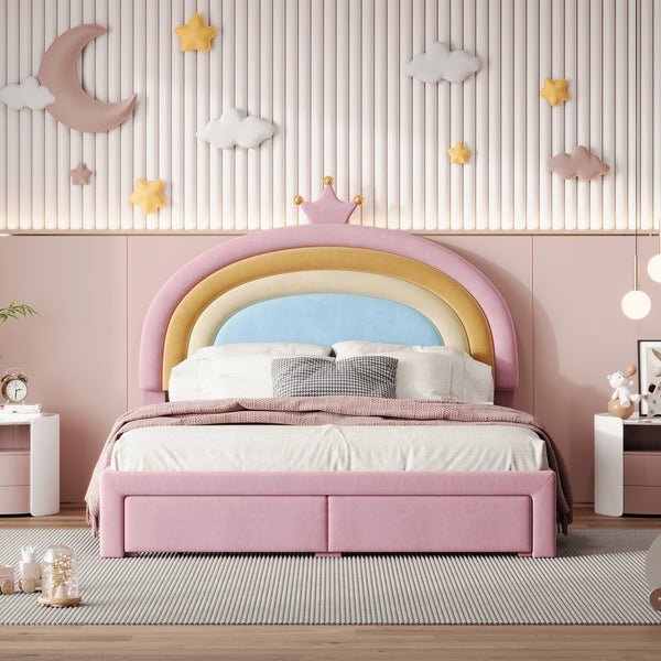 English Elm Full Velvet Rainbow Platform Bed with Storage Drawer, Pink Upholstered Princess Frame, No Box Spring Needed N733P234609H
