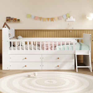 English Elm Twin Bed Frame with Storage Drawers and House Headboard, Kids Platform Bed with Guardrail Ladder and Shelf White 49.3 L x 16.25 W x 7.75 H N733S278032K