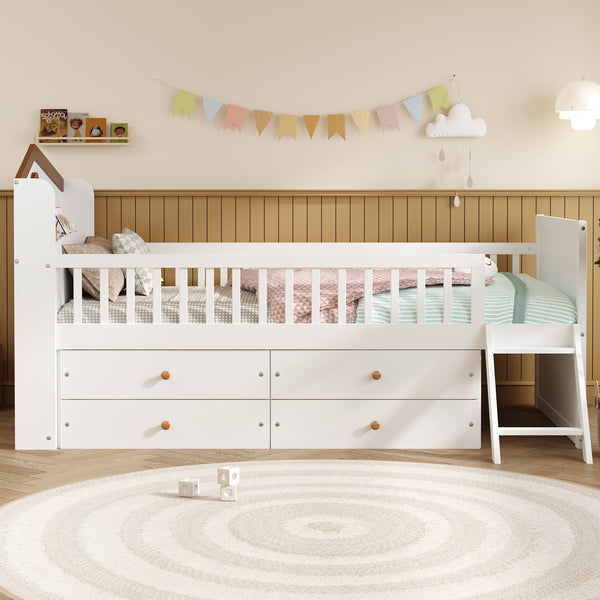 English Elm Twin Bed Frame with Storage Drawers and House Headboard, Kids Platform Bed with Guardrail Ladder and Shelf White 49.3 L x 16.25 W x 7.75 H N733S278032K