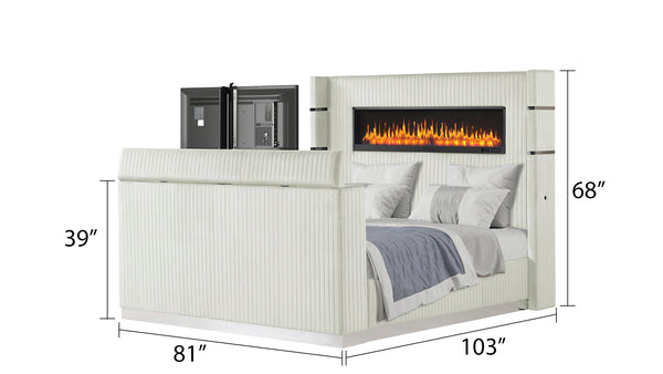 English Elm Lavish King Size Upholstered Bed with LED Fireplace Headboard & Footboard TV Stand for 50" TVs B009S01866