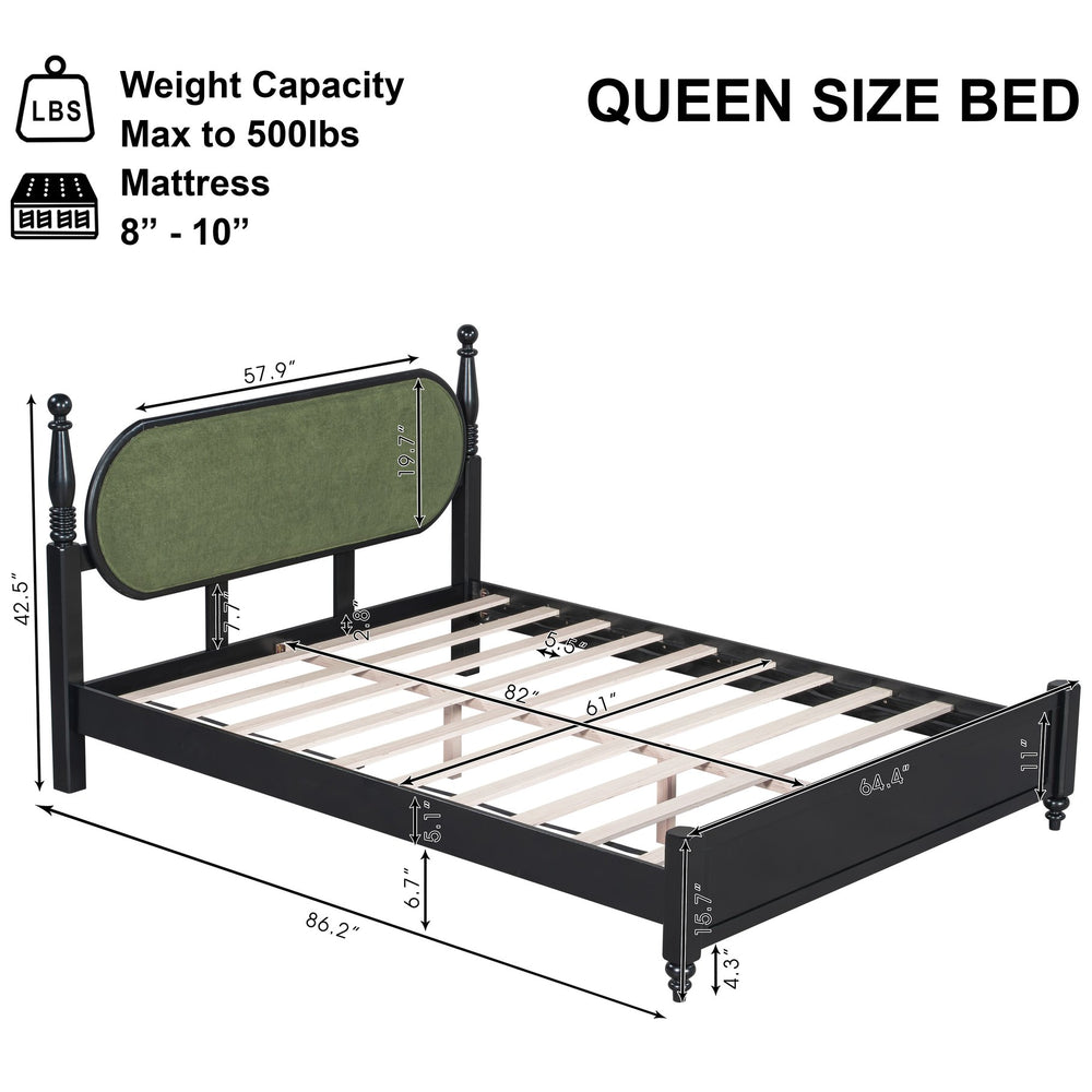 English Elm Queen Platform Bed Solid Wood Frame Velvet Upholstered Headboard Modern Bedroom N770PQ379968B