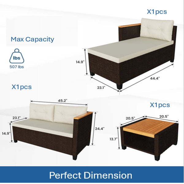 English Elm 3-piece Outdoor Pe Rattan L-shaped Sectional with Acacia Storage Table for Patio Beige+Brown B082P455128