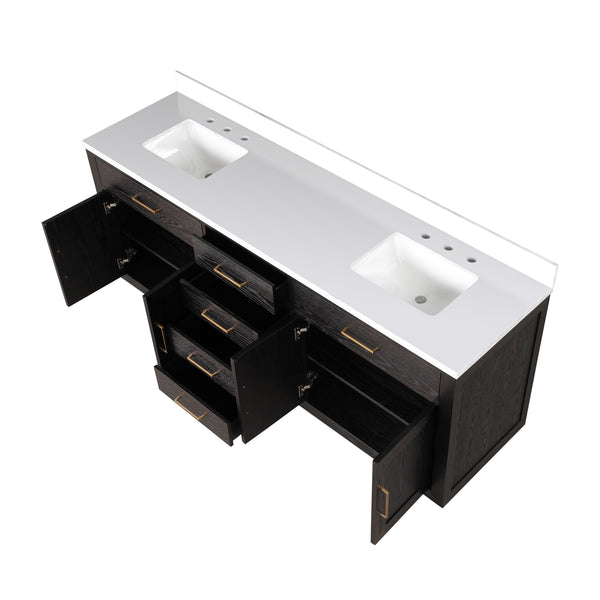 English Elm Black Oak Double Bathroom Vanity 80" W With White Quartz Top - Elegant Storage & Modern Design B2731P260862