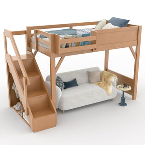 English Elm Twin Low Loft Bed Solid Pine Frame Kids Study Desk Blackboard Storage White Antique Natural W1580S00553