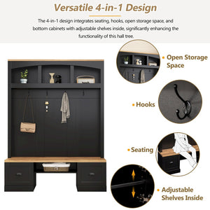 English Elm On-Trend Farmhouse 4-In-1 Hall Tree With Bench, Hooks & Shelves - Rustic Storage For Entryway Spaces N721S000038B-GIGA