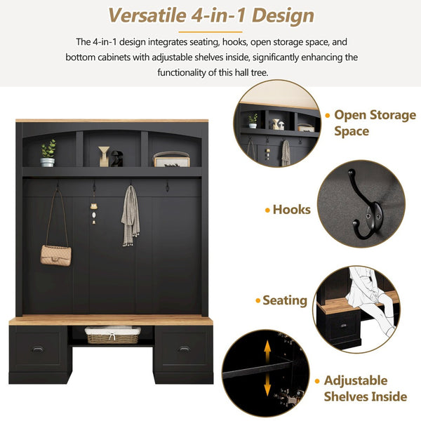 English Elm On-Trend Farmhouse 4-In-1 Hall Tree With Bench, Hooks & Shelves - Rustic Storage For Entryway Spaces N721S000038B-GIGA