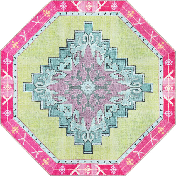 Unique Loom Timeless Thomas Machine Made Medallion Rug Green, Ivory/Light Green/Pink/Orange 7' 7" x 7' 7"