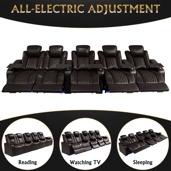 English Elm 155.5"power Reclining Sectional Nappa Leather Home Theater Rgb Led Smart Charging W3819S00108