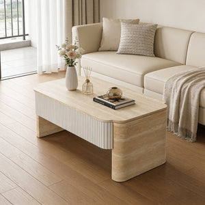 English Elm Rounded Edge Coffee Table Solid Wood Engraved Drawer Modern Living Room Storage W3040P428642