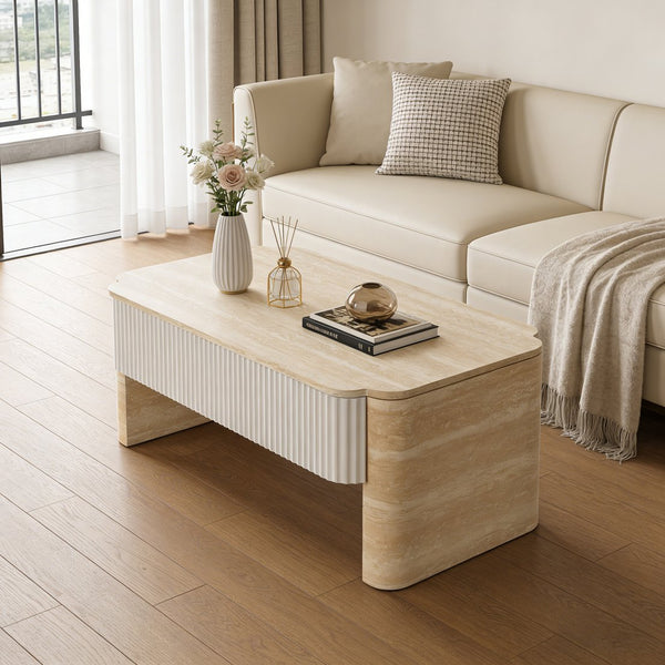 English Elm Rounded Edge Coffee Table Solid Wood Engraved Drawer Modern Living Room Storage W3040P428642