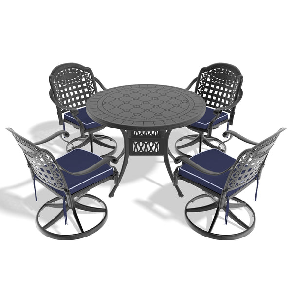 English Elm 5-Piece All-Weather Cast Aluminum Dining Set With 4 Swivel Chairs & Round Table For Outdoor Bliss W1710S00438