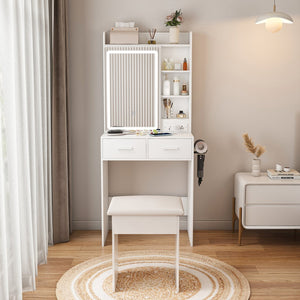 English Elm Small Makeup Vanity Desk with LED Mirror, USB/AC Ports, Hair Dryer Stand, Stool & Hidden Storage W2699P296515