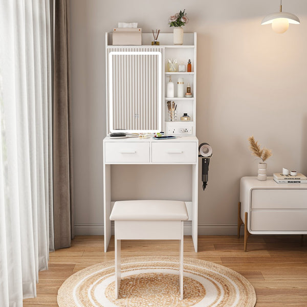 English Elm Small Makeup Vanity Desk with LED Mirror, USB/AC Ports, Hair Dryer Stand, Stool & Hidden Storage W2699P296515