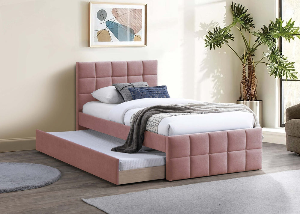 English Elm Contemporary Full Upholstered Trundle Bed Brushed Linen Grid Stitch Low Profile Frame Light Pink B011S02068