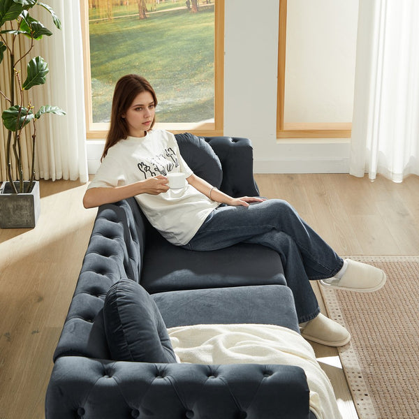English Elm Velvet Chesterfield Tufted Sofa with Copper Stud Trim and Gold Legs for Glam Living Black W834S00634