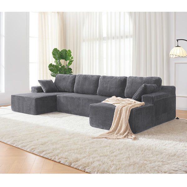 English Elm U-shaped Corduroy Cloud Sectional Sofa with Pocket Springs and Modular Living Room Seating Dark Gray W3366S00002
