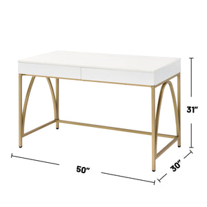 English Elm 2 Drawer Writing Desk White High Gloss Top with Gold Metal Trestle Legs, Two Storage Drawers, Glam Home Office Accent Piece B016P317513