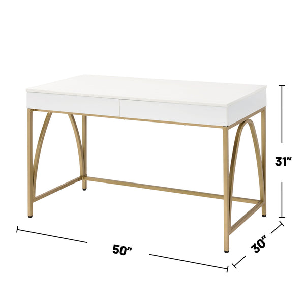 English Elm 2 Drawer Writing Desk White High Gloss Top with Gold Metal Trestle Legs, Two Storage Drawers, Glam Home Office Accent Piece B016P317513