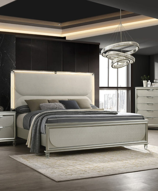 English Elm Glamorous Luxury Fabric Upholstered Queen Bed with LED Headboard, Embossed Panels & 2 Nightstands Set Silver 33 L x 21 W x 28 H B2741S00359
