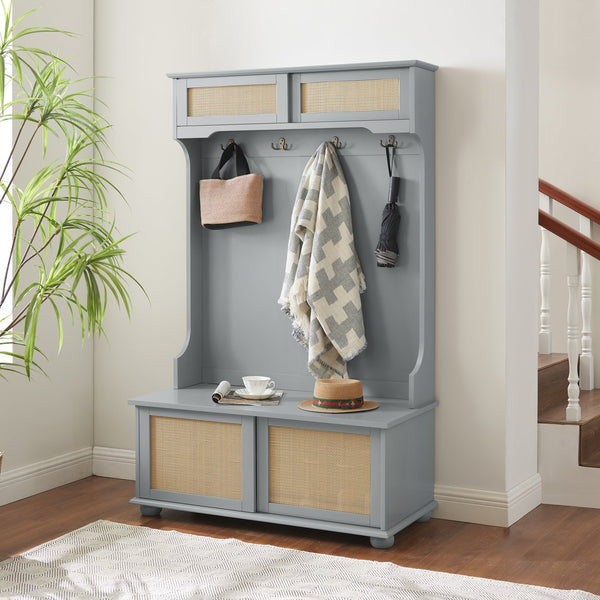 English Elm Clothes Hall Tree Storage Bench with Adjustable Shelves, Sliding Doors, Solid Poplar Feet & Shoe Bench Gray W2275P210041