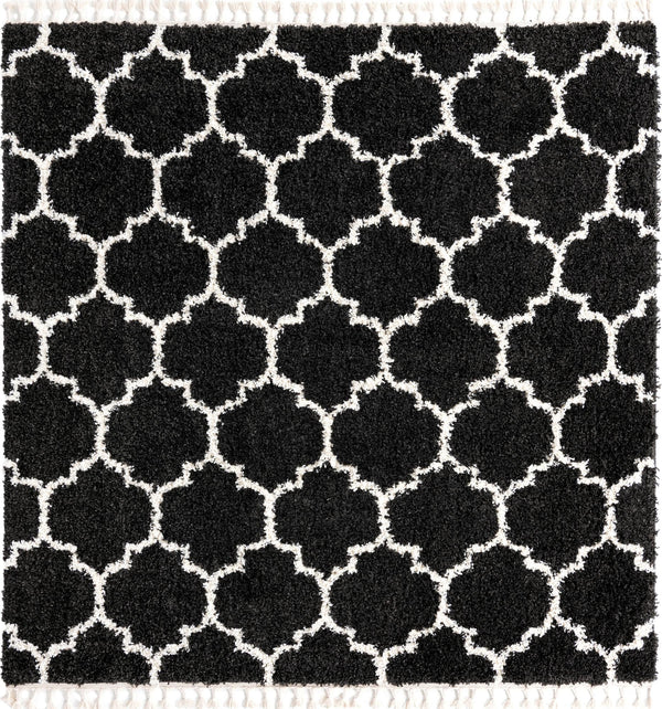 Unique Loom Hygge Shag Trellis Machine Made Trellis Rug Black and White,  7' 10" x 7' 10"