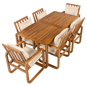 English Elm Outdoor Acacia Wood Dining Set Seats Six with Cushioned Armrest Chairs for Patio Natural Wood+Brown N719Z000200D