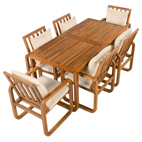 English Elm Outdoor Acacia Wood Dining Set Seats Six with Cushioned Armrest Chairs for Patio Natural Wood+Brown N719Z000200D