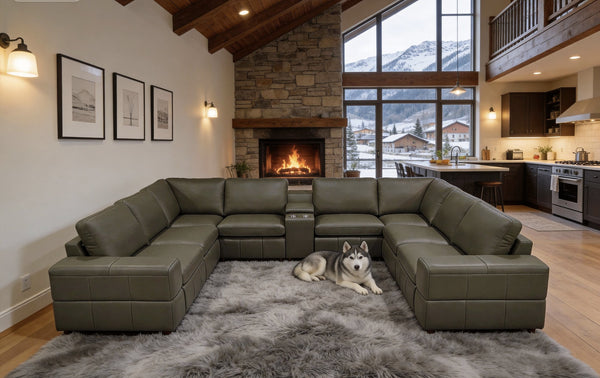 English Elm Premium Leather Match Sectional with Dual Recliners Console and Cup Holders Included Olive Green B2748S00161