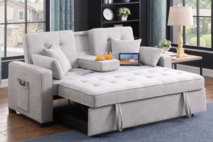 English Elm Corrado Woven Fabric Sleeper Loveseat with Console Cup Holders and Charging Ports Light Gray B2749S00243